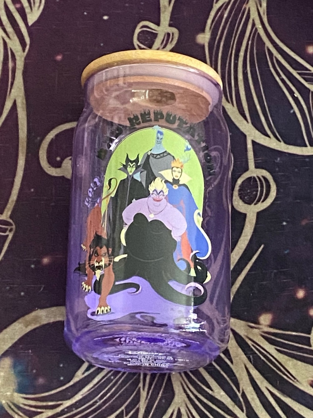 Disney Villains Glass Tumbler Cup With Wood Lid 16oz Bad Reputation 5.5”H